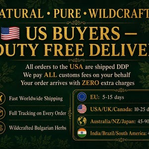 Peut inclure: Un graphique informatif vert fonc&eacute; avec du texte dor&eacute; indiquant NATURAL PURE WILDCRAFTED US BUYERS DUTY FREE DELIVERY. Il comprend des ic&ocirc;nes pour l'exp&eacute;dition, le suivi et les herbes, ainsi qu'une liste de d&eacute;lais de livraison par r&eacute;gion.