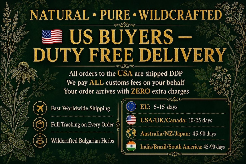 Peut inclure: Un graphique informatif vert fonc&eacute; avec du texte dor&eacute; indiquant NATURAL PURE WILDCRAFTED US BUYERS DUTY FREE DELIVERY. Il comprend des ic&ocirc;nes pour l'exp&eacute;dition, le suivi et les herbes, ainsi qu'une liste de d&eacute;lais de livraison par r&eacute;gion.