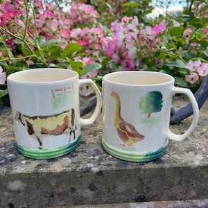 Pair of large, vintage, Jane and Stephen Baughan pottery mugs, hand painted at the Aston Pottery in Oxfordshire.