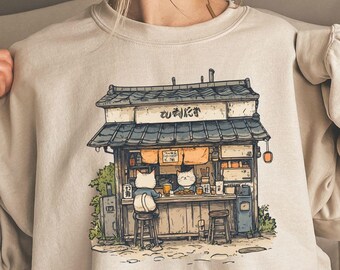 Cat Lover sweatshirt, Ramen Shop Tee, Japanese Cat Shirt, Cute Animal Graphic Top, Kitty Design Apparel, Kawaii sweatshirt, Japan travel