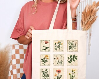 Vintage Wildflowers Tote Bag, Poppy flower Tote Bag, Floral Tote Bag, Birthday Gift for Mom, Gift For Her, Pressed Flowers Tote Bag