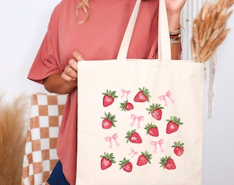 Strawberry Coquette Tote Bag: Cotton Canvas Farmers Market Bag