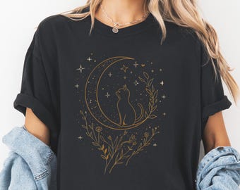 Celestial Cat Moon shirt, Cat Mom Gift, Cat Parent shirt, Mystic Moon Phase Shirt, Lunar Crescent Graphic Tee, Spiritual Astrology