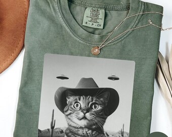 Funny Unhinged Cats Shirt, Western Cat UFO shirt, Alien Cat shirt, Brainrot Meme Tee, Silly Kitten Tee, Cat Lover Gifts, Weirdcore Humor