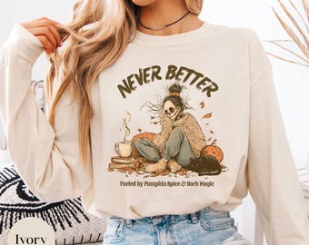 Cute Skeleton Shirt, Black Cat Lover Shirt, Cozy Sweater Season, Pumpkin Spice Fall shirt, Gift for Reader, Gothic Spooky Halloween