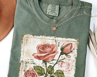 Vintage Rose Stamp Comfort Colors T-shirt, Botanical Floral Shirt, Rose Flower tee