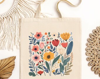 Vintage Wildflowers Tote Bag, Farmers Market Tote Bag, Floral Tote Bag, Flower Tote Bag, Boho Wildflowers Cottagecore
