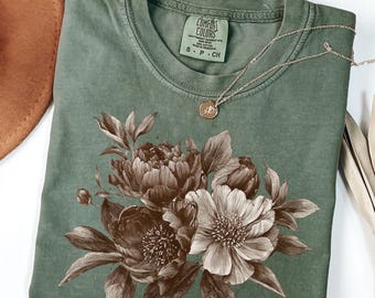 Peonies Tshirt, Cottagecore Boho Botanical t-shirt, Pressed flowers, Vintage Linocut Flower Shirt, Ranunculus Woodcut Stamp