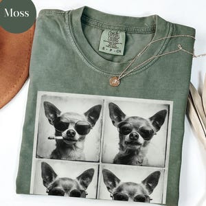 Pu&ograve; includere: Una maglietta Comfort Colors verde muschio con un'immagine a quattro pannelli di un chihuahua con occhiali da sole. Un chihuahua ha una sigaretta in bocca. Una collana d'oro con un piccolo ciondolo &egrave; drappeggiata sulla maglietta.