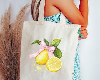 Lemon Coquette Fruit tote, Farmers Market Tote Bag,  Summer Tote Bag, Cute Tote Bag, Fruit Graphic Citrus Tote, Limoncello Pink Ribbon