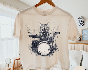 Rock and Roll Cat Shirt, Drummer Kitty Tee, Music Lover Gift for Him, Gift for Cat Dad, Funny Cat shirt, Musician Gift