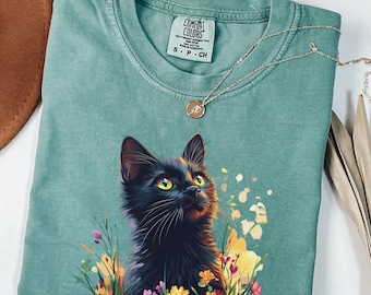 Comfort Colors Black Cat Floral Design, Flower Cat in Pot Tshirt, Gardening Gift for Cat Mom, Animal Lover Gift Tee, Black Cat Shirt