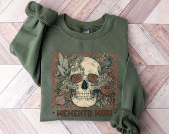 Creepy Halloween Sweatshirt, Boho Skull Graphic Shirt, Cute Skeleton Shirt, Spooky Season Shirt, Memento Mori Vintage Botanical Skull Shirt