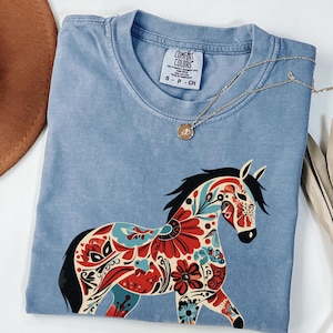Horse Folk Art Shirt, Floral T-shirt, Women Horse Shirt, Gift For Horse Lover, Animal Lover Gift, Vintage Folklore, Horse Girl Era