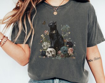 Comfort Colors Cat Shirt, Halloween Black Cat Shirt, Floral Cat Shirt, Cat Lover T-shirt, Cat Mom Shirt, Witchy Cat Shirt, Skull Cat Shirt