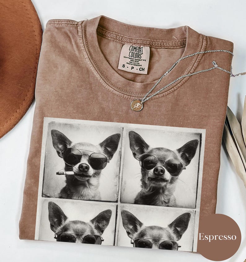 Pu&ograve; includere: T-shirt color espresso con una grafica di un chihuahua con occhiali da sole in un design a quattro pannelli. La maglietta ha un girocollo e maniche corte. Una collana d'argento con un piccolo ciondolo poggia sulla maglietta.