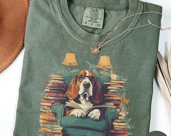 Book Lover Gift, Dog Reading shirt, Basset Hound Mom Reader gift, Dog Dad shirt, Cozy days Librarian gift, Teacher Reading shirt