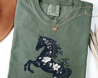 Comfort Colors Horse Shirt, Gift For Horse Lover, Gift for Horse Mama, Animal Lover Gift, Boho Floral Tee, Horse Lover Tee, Black Stallion