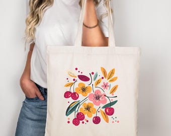 Cotton Canvas Matisse Cherry and wildflowers Bag, Farmers Market Bag, Summer Cherries and Floral Tote Bag, Whimsical Fruit Floral design