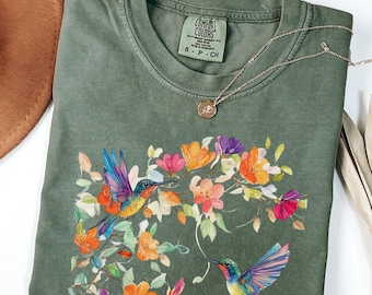 Floral Hummingbird T-Shirt, Bird Lover Shirt, Gift for Mom, Bird Watching shirt, Summer shirt, Botanical Floral Tee, Christian God's Grace