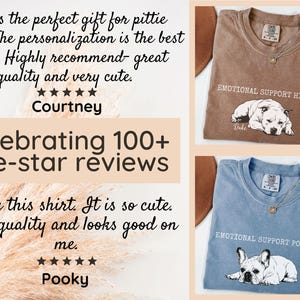 May include: Two t-shirts, one brown and one blue, featuring dog illustrations and the words "EMOTIONAL SUPPORT HIPPO" and "EMOTIONAL SUPPORT POTATO". The brown shirt has a white dog illustration, and the blue shirt has a white and black dog illustration. The image also includes text.