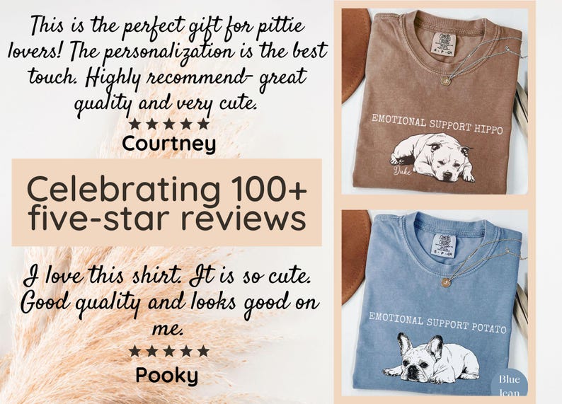 May include: Two t-shirts, one brown and one blue, featuring dog illustrations and the words "EMOTIONAL SUPPORT HIPPO" and "EMOTIONAL SUPPORT POTATO". The brown shirt has a white dog illustration, and the blue shirt has a white and black dog illustration. The image also includes text.