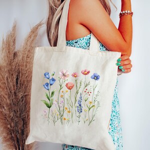 Vintage Wildflowers Tote Bag, Floral Gift For Her, Floral Tote Bag, Gift For Mom, farmers market bag, birth flower, summer tote bag