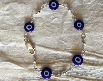 Blue Glass Eye Beads and Sterling Silver Bracelet