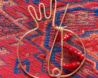 Organic copper wire Pomegranate Sweater pin with Red Opaque Faceted Beads