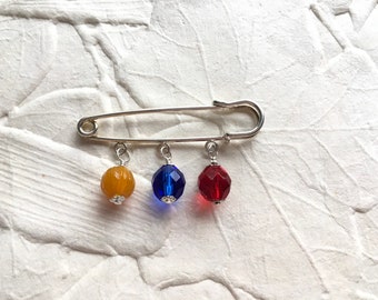 Sterling Silver Pin Accessory with Dangling Bead in Red Blue & Orange