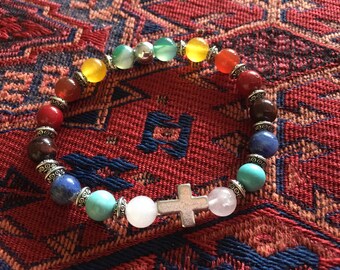Seven Chakra Gemstone and Cross Bracelet