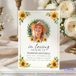 Plantilla de programa funerario Sunflower, programa de obituario editable, programa de celebración de vida, programa conmemorativo plegable, plantilla de Canva