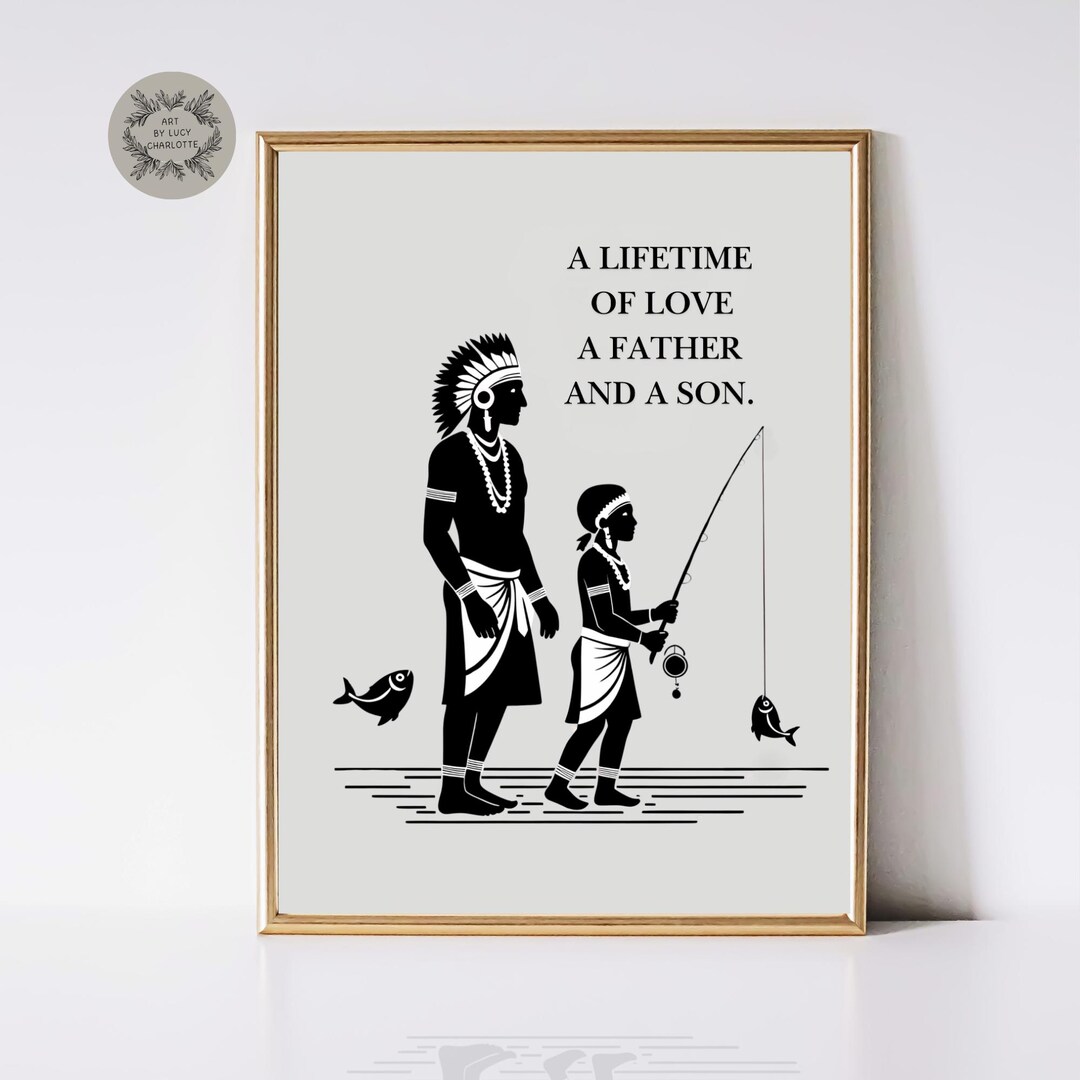 Minimalist Father and Son Tribal Art Print – Black and White Fishing ...