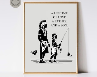 Minimalist Father and Son Tribal Art Print – Black and White Fishing Scene | Native-Inspired Silhouette Wall Decor | Bonding Moment Artwork