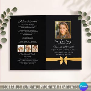 May include: A black funeral program template featuring a gold ribbon graphic, a portrait of Hannah Mitchell, and text including Acknowledgement, In Loving Memory, dates, and service details. The layout includes space for photos and event information.