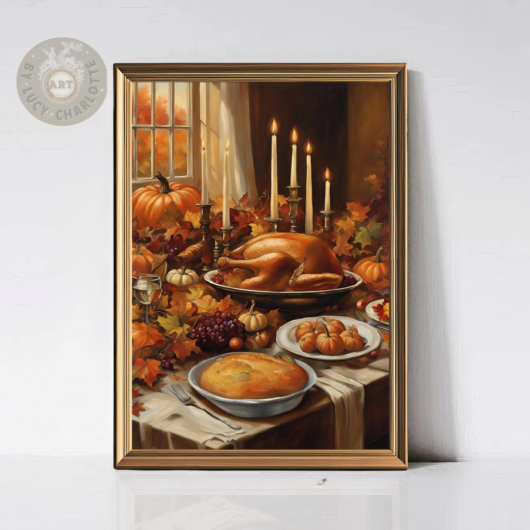 Retro Thanksgiving Dinner Art Print, Vintage Turkey Feast Wall Decor ...
