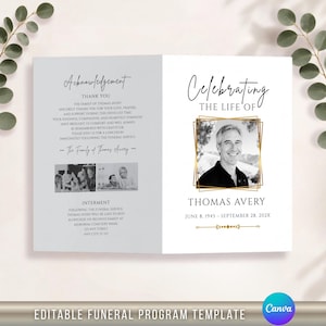 May include: A folded funeral program template featuring a black and white portrait of a man framed in gold geometric lines. The text reads Celebrating the Life of Thomas Avery, June 8, 1943 – September 28, 202X, and includes an acknowledgement section.