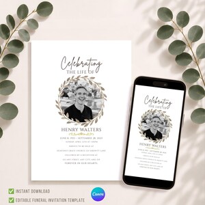 Funeral Invitation Template Canva, Neutral Botanical Celebration of Life Invite, Memorial Evite for Men, Editable Beige Wreath Digital Phone