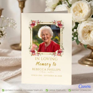 Bifold Funeral Program Template, Floral Memorial Service Program, Editable Obituary Canva Template, Celebration of Life Printable