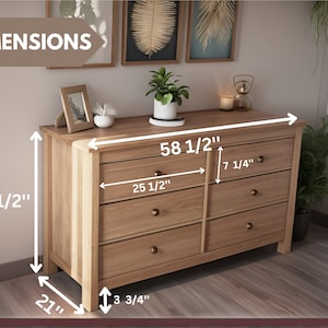 May include: A six-drawer dresser with a light wood finish. The dresser measures 58 1/2 inches wide, 33 1/2 inches tall, and 21 inches deep. Each drawer is 25 1/2 inches wide and 7 1/4 inches tall.