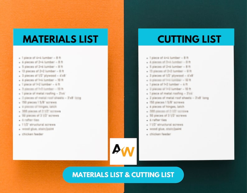 May include: A materials list and cutting list for a DIY project. The list includes items like lumber, plywood, screws, and a chicken feeder.