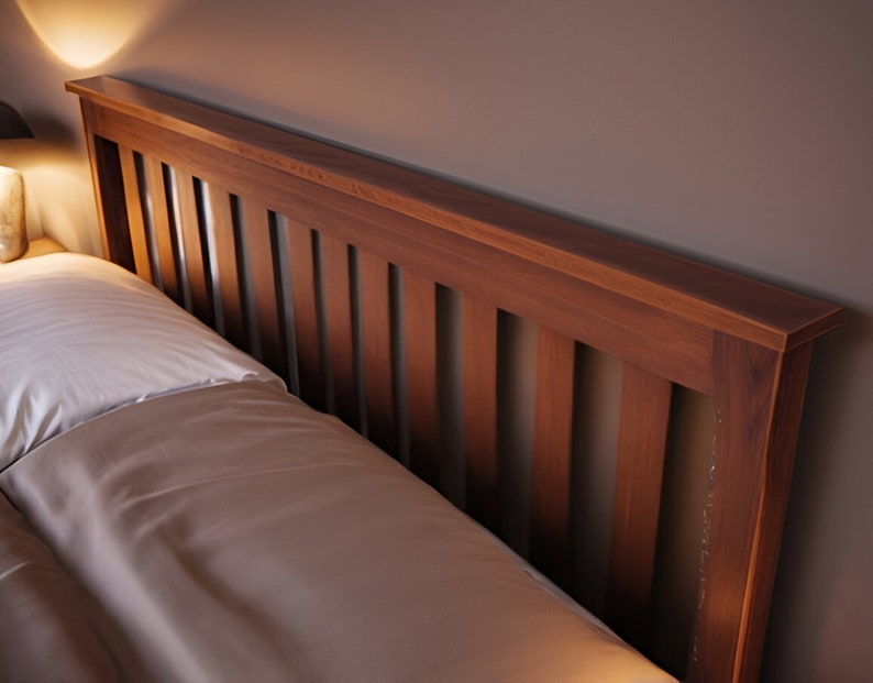 May include: A wooden headboard with vertical slats, featuring a rich brown finish. The headboard is made of solid wood and has a simple, elegant design.