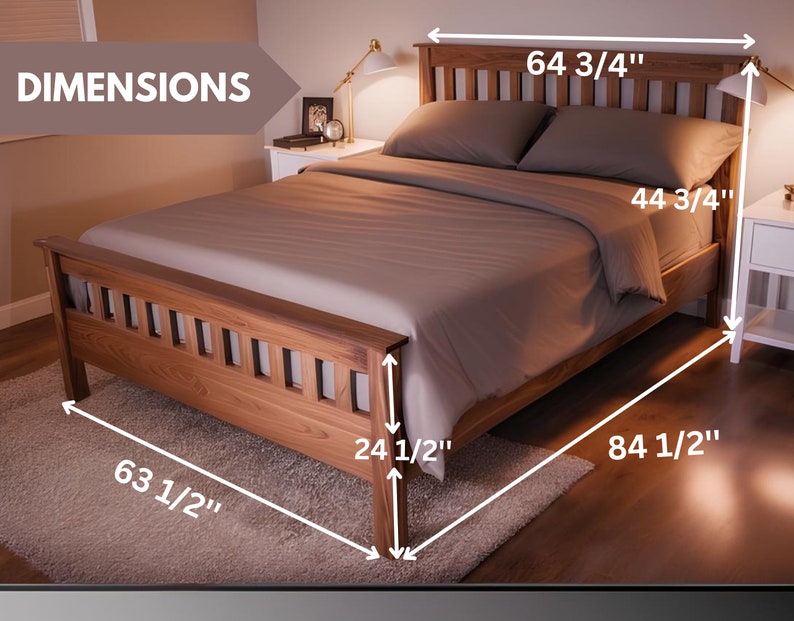 May include: A wooden bed frame with a brown finish. The bed frame is 64 3/4 inches tall, 84 1/2 inches long, and 63 1/2 inches wide. The headboard has a slatted design and the footboard has a similar design. The bed frame is sitting on a rug.