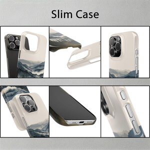 May include: A slim phone case with a mountain landscape design. The case is white with a blue and gray mountain scene. The case is shown from multiple angles.