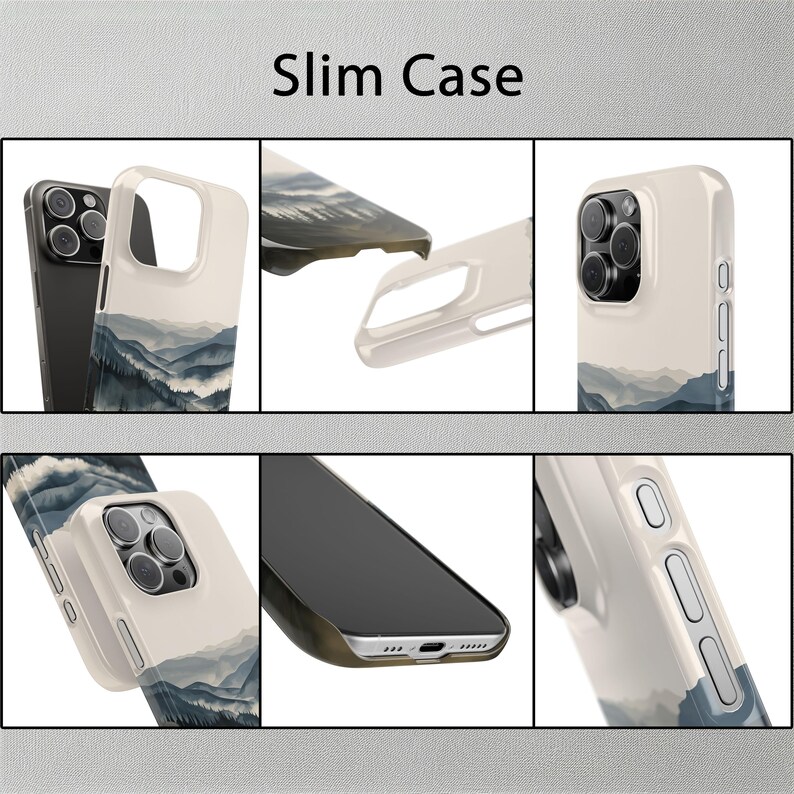 May include: A slim phone case with a mountain landscape design. The case is white with a blue and gray mountain scene. The case is shown from multiple angles.