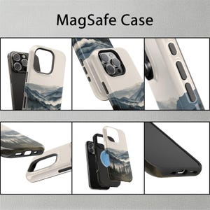 May include: A white and gray phone case with a mountain scene design. The case has a MagSafe compatible ring on the back. The case is shown from multiple angles.