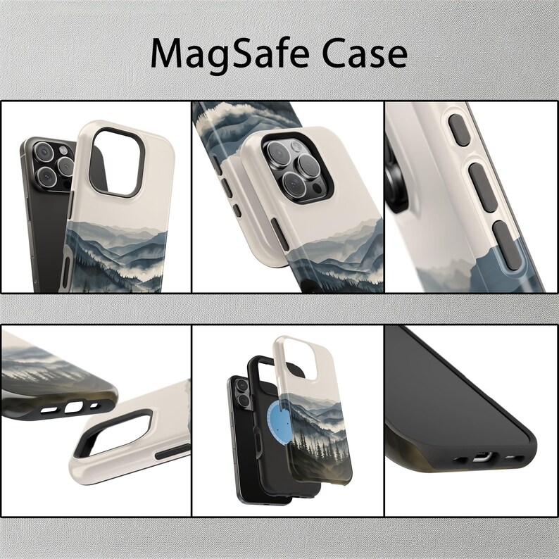 May include: A white and gray phone case with a mountain scene design. The case has a MagSafe compatible ring on the back. The case is shown from multiple angles.