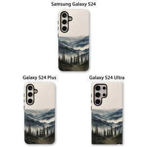 May include: Three phone cases with a misty mountain landscape design. The cases are for the Samsung Galaxy S24, Galaxy S24 Plus, and Galaxy S24 Ultra.