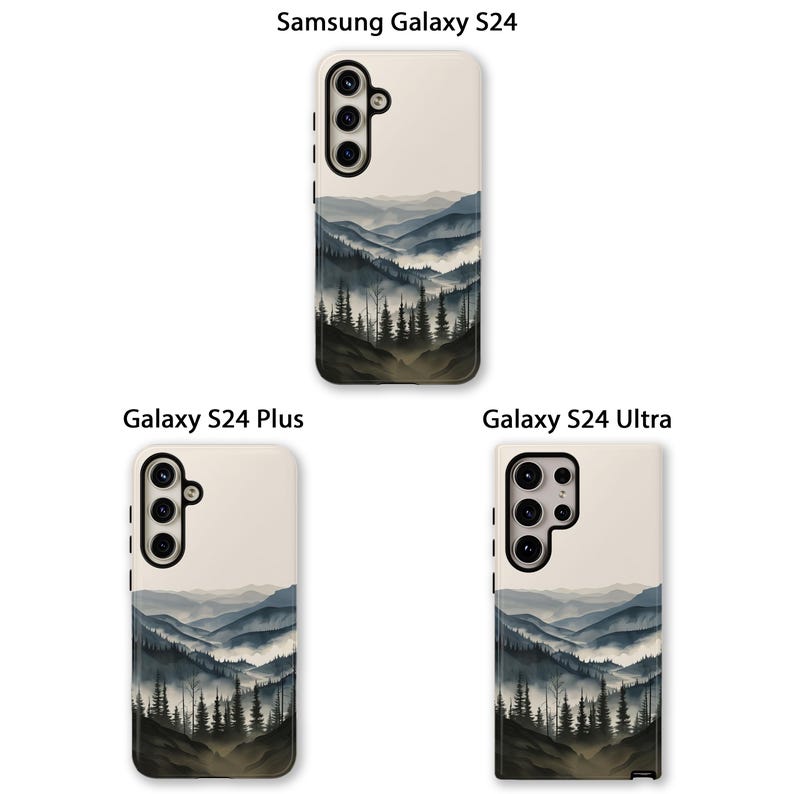 May include: Three phone cases with a misty mountain landscape design. The cases are for the Samsung Galaxy S24, Galaxy S24 Plus, and Galaxy S24 Ultra.