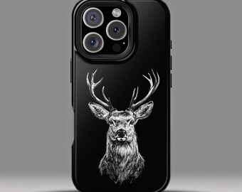Deer Head Portrait, MagSafe iPhone Case, Black and White Deer Illustration, Antler Phone Cover, Wildlife Animal Art, Nature Lover Gift